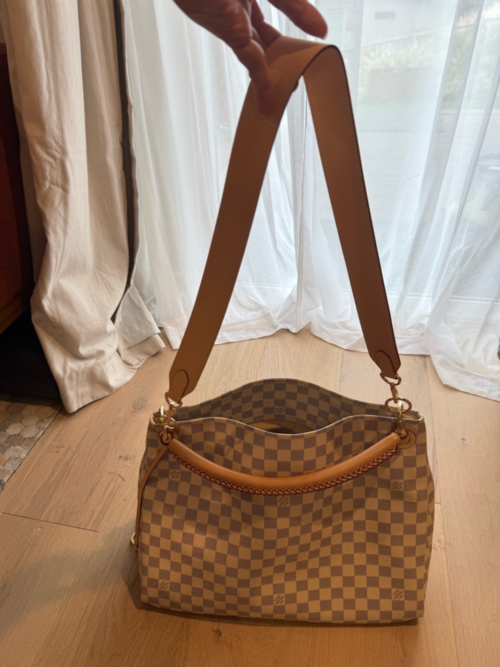 Louis Vuitton Damier Azur Check Hobo Shoulder Bag with Tan Trim - Picture 11 of 16